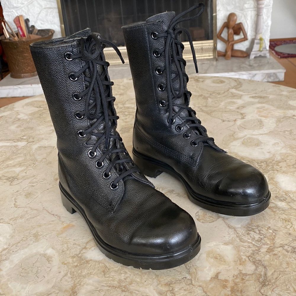 GREB Black Leather 9-Eyelet Combat Steel Toe Army Boots
